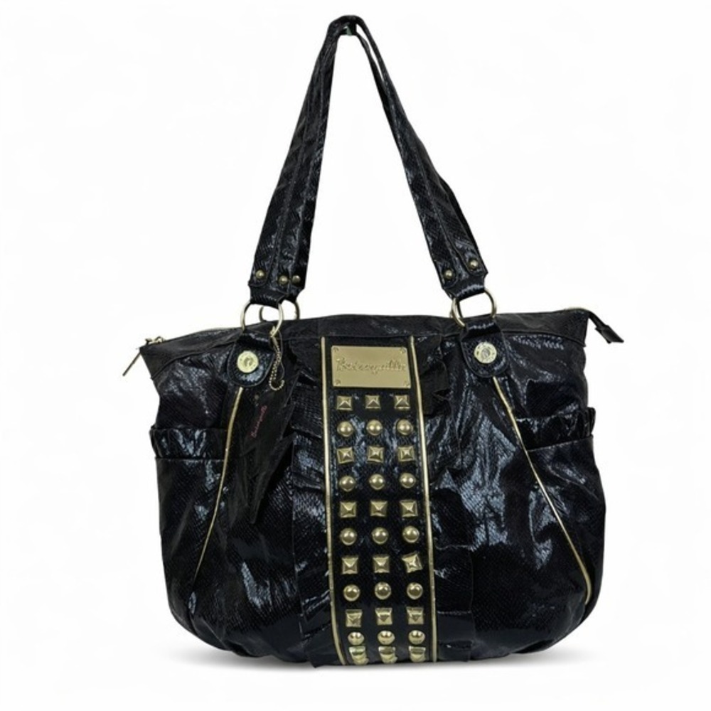 Betseyville Betsey Johnson Black Snakeskin Studded Tote Bag Gold‎ Hardware Lips